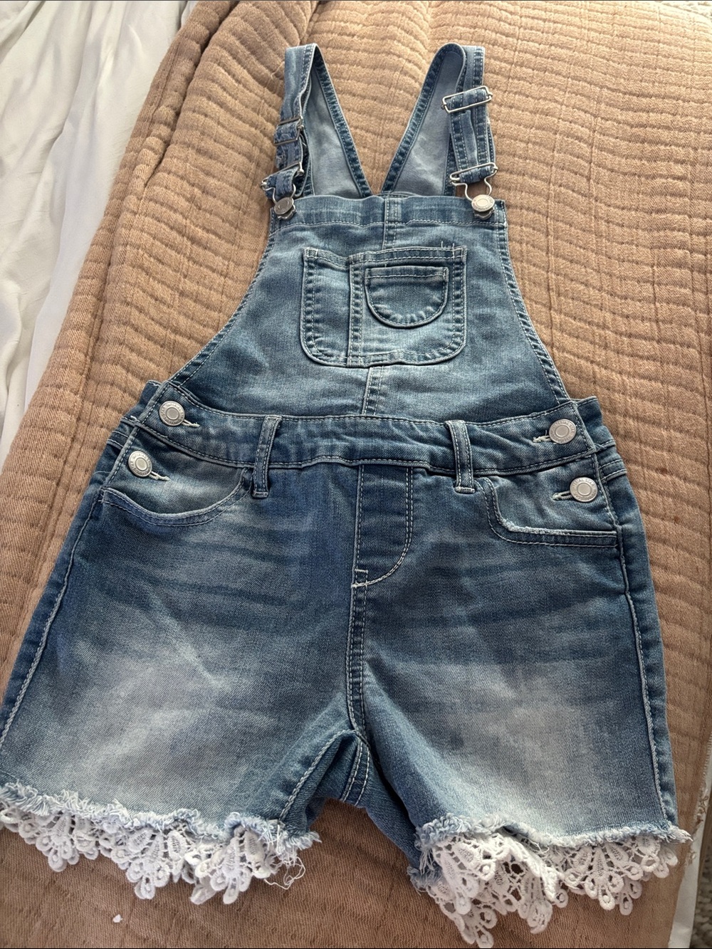 Imperial Star Light Blue Denim Short Overalls with White Lace Trim